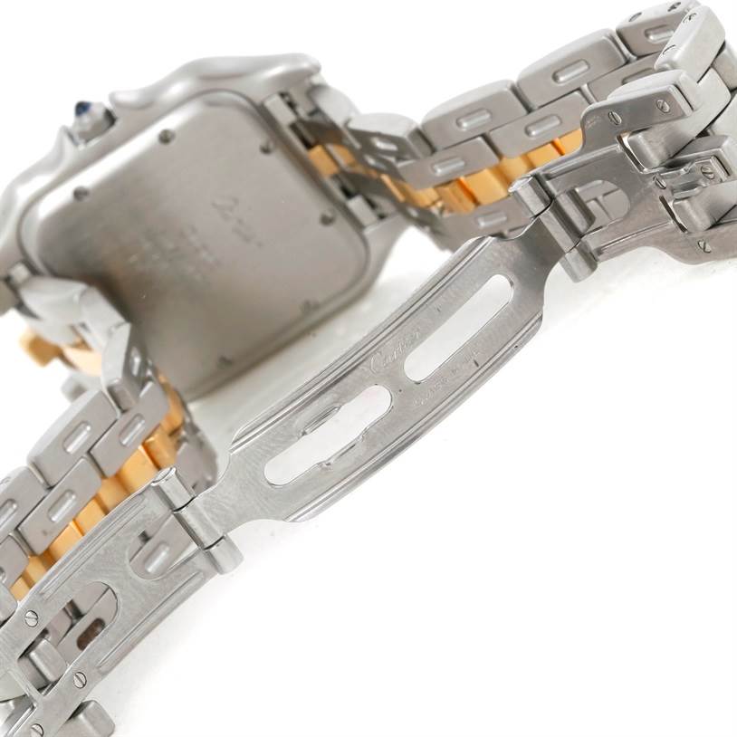 The image shows the open clasp and part of the stainless steel and gold bracelet of a Cartier Panthere Steel and Gold (two tone) Silver Dial Steel and Gold (two tone) Silver Dial watch, viewed from the back.