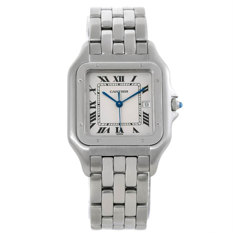 The image shows a front view of the Cartier Panthere W25032P5 Men
s Stainless Steel Silver Dial W25032P5 Men
s Stainless Steel Silver Dial watch, including the dial, Roman numerals, and metal bracelet.