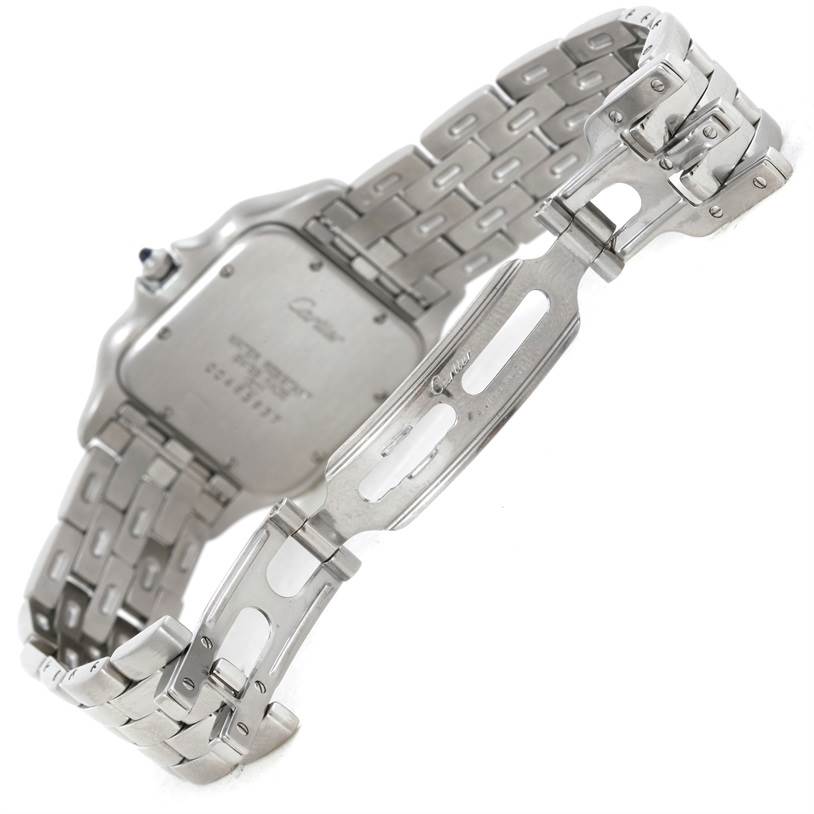 This image shows the back and clasp of the Cartier Panthere W25032P5 Men
s Stainless Steel Silver Dial W25032P5 Men
s Stainless Steel Silver Dial watch, highlighting the metal bracelet and deployment buckle.