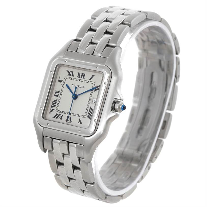 The image shows a Cartier Panthere W25032P5 Men
s Stainless Steel Silver Dial W25032P5 Men
s Stainless Steel Silver Dial watch at an angle that displays its face, bezel, and metal bracelet.