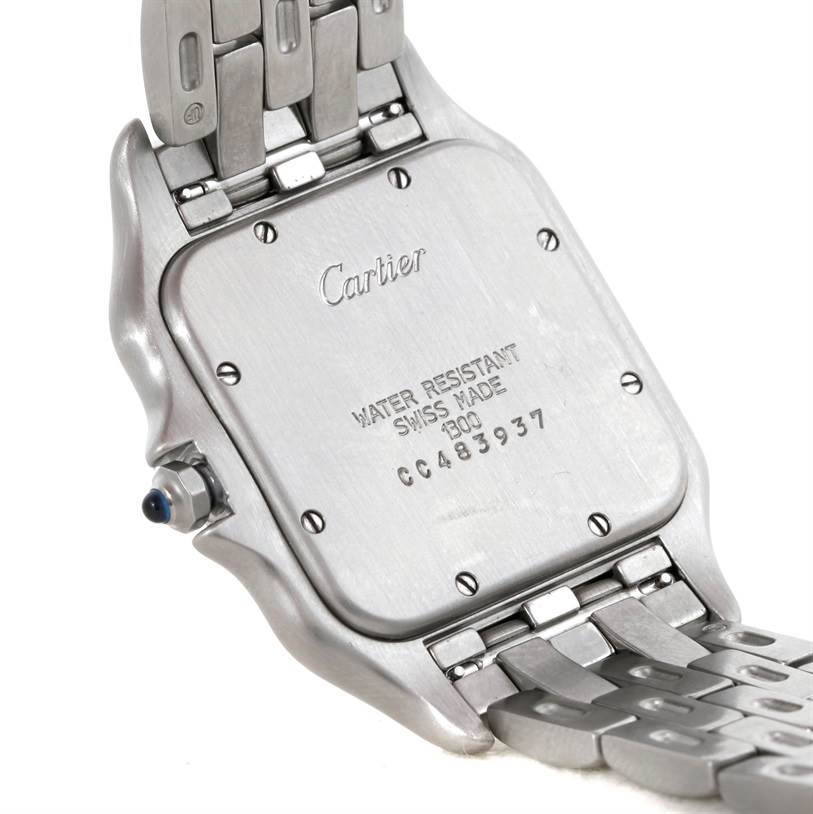 The image shows the back case and part of the bracelet of the Cartier Panthere W25032P5 Men
s Stainless Steel Silver Dial W25032P5 Men
s Stainless Steel Silver Dial watch, highlighting its water resistance and serial number.