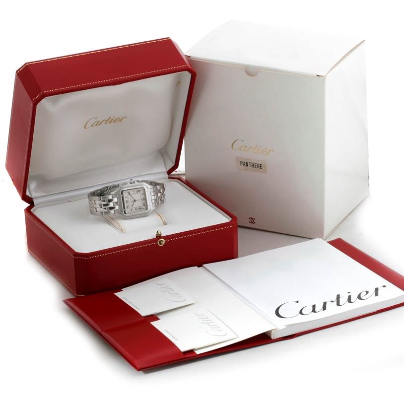 The image shows a Cartier Panthere W25032P5 Men
s Stainless Steel Silver Dial W25032P5 Men
s Stainless Steel Silver Dial model watch in its open red box, accompanied by packaging and booklets.