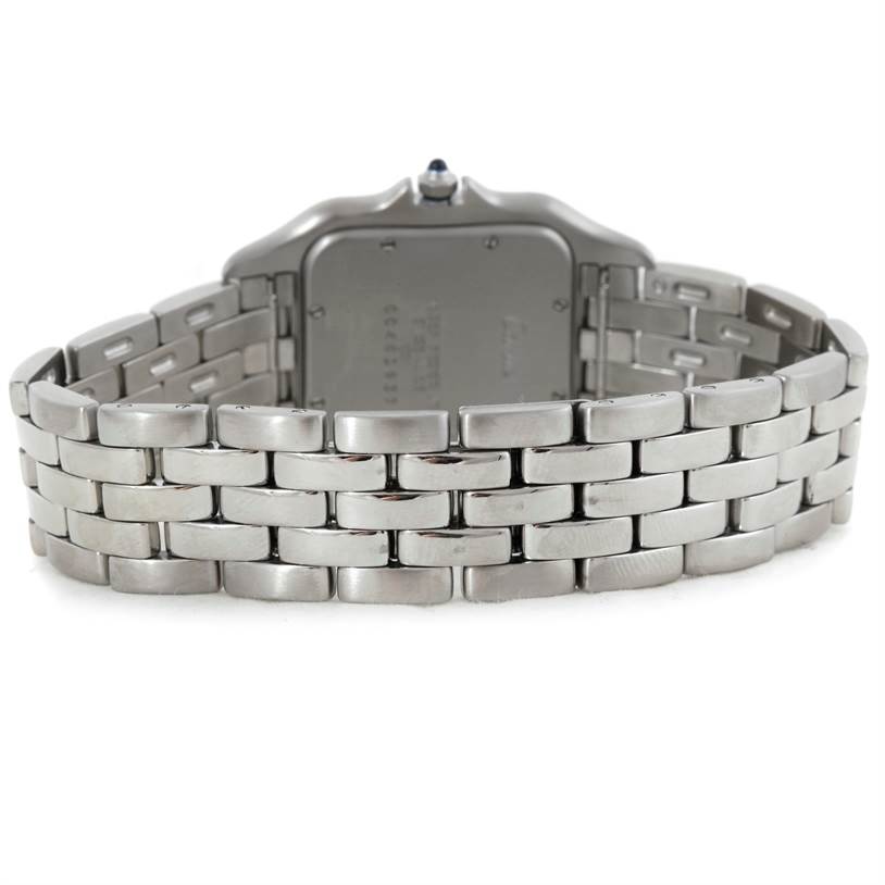 This image of the Cartier Panthere W25032P5 Men
s Stainless Steel Silver Dial W25032P5 Men
s Stainless Steel Silver Dial watch shows the back case and the metal bracelet from a rear angle.