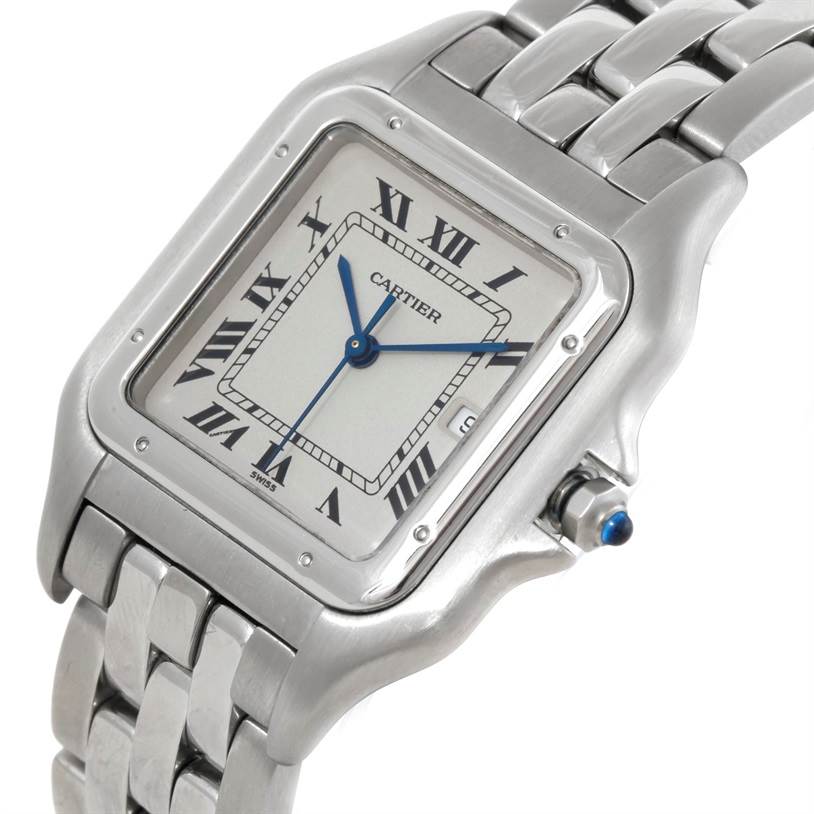 The image shows a close-up view of a Cartier Panthere W25032P5 Men
s Stainless Steel Silver Dial W25032P5 Men
s Stainless Steel Silver Dial watch, highlighting its face, bracelet, and blue gemstone crown.