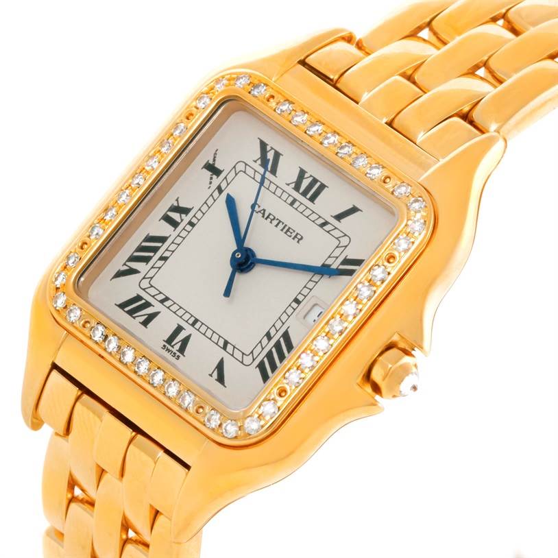 This image shows the front angle of the Panthere model by Cartier, highlighting the bezel, dial, and part of the bracelet.