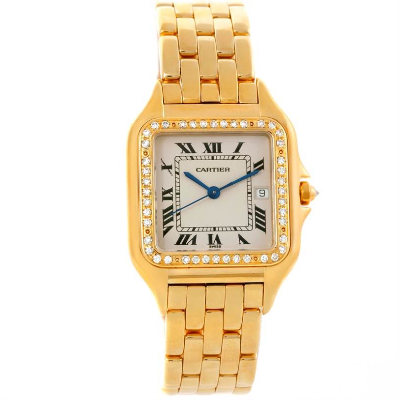 The Cartier Panthere Men's Yellow Gold Silver Dial Men's Yellow Gold Silver Dial watch is shown from a top view, revealing its gold bracelet, square diamond-set bezel, and Roman numeral dial.