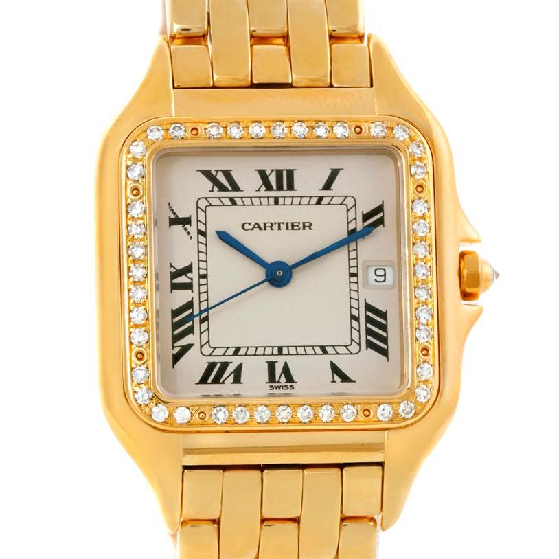 This image shows a close-up view of the face and bracelet of the Cartier Panthere Men's Yellow Gold Silver Dial Men's Yellow Gold Silver Dial watch.