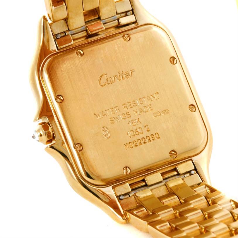 This image shows the backside of the Panthere model watch by Cartier, displaying the case back and part of the bracelet.