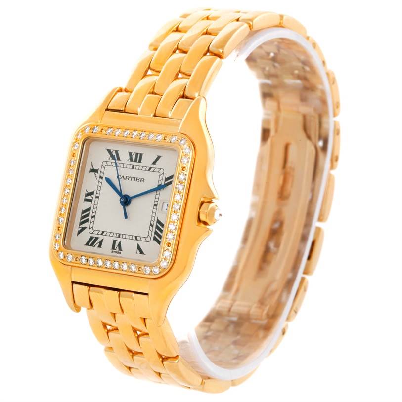 The image shows a Cartier Panthere Men's Yellow Gold Silver Dial Men's Yellow Gold Silver Dial watch at a slight angle, highlighting its gold bracelet, diamond bezel, and Roman numeral dial.