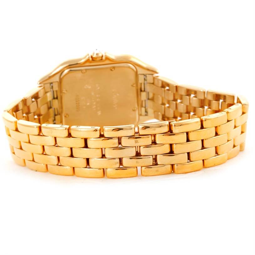 The image shows the backside and bracelet of the Panthere model watch by Cartier at an angle highlighting the watch's band and casing back.