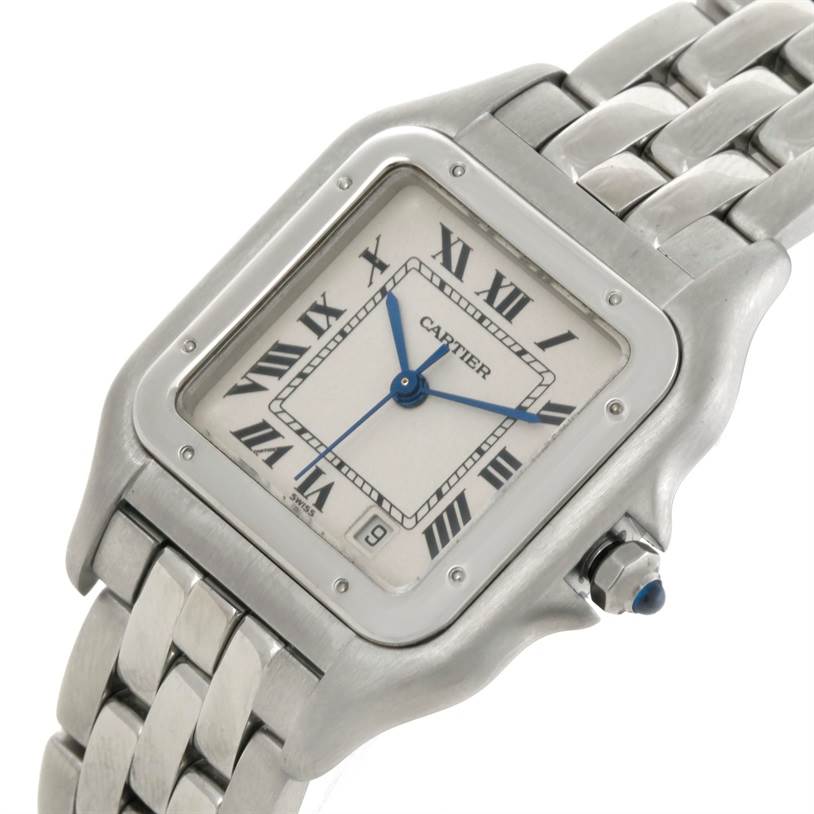 The image shows a Cartier Panthere W25054P5 Men
s Stainless Steel Silver Dial W25054P5 Men
s Stainless Steel Silver Dial watch at an oblique angle, highlighting its face, metal band, and crown.