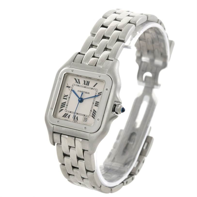 The image shows a Cartier Panthere W25054P5 Men
s Stainless Steel Silver Dial W25054P5 Men
s Stainless Steel Silver Dial model watch at a three-quarter angle, highlighting its face, bezel, crown, and bracelet.