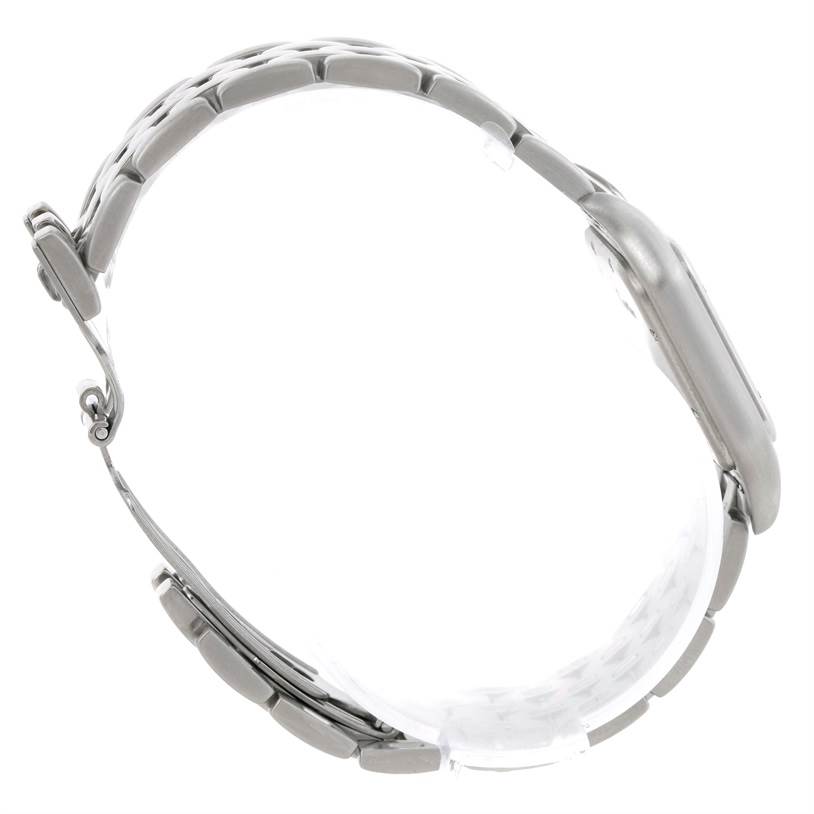 The image shows a side view of the Cartier Panthere W25054P5 Men
s Stainless Steel Silver Dial W25054P5 Men
s Stainless Steel Silver Dial watch, highlighting its metallic bracelet and clasp.