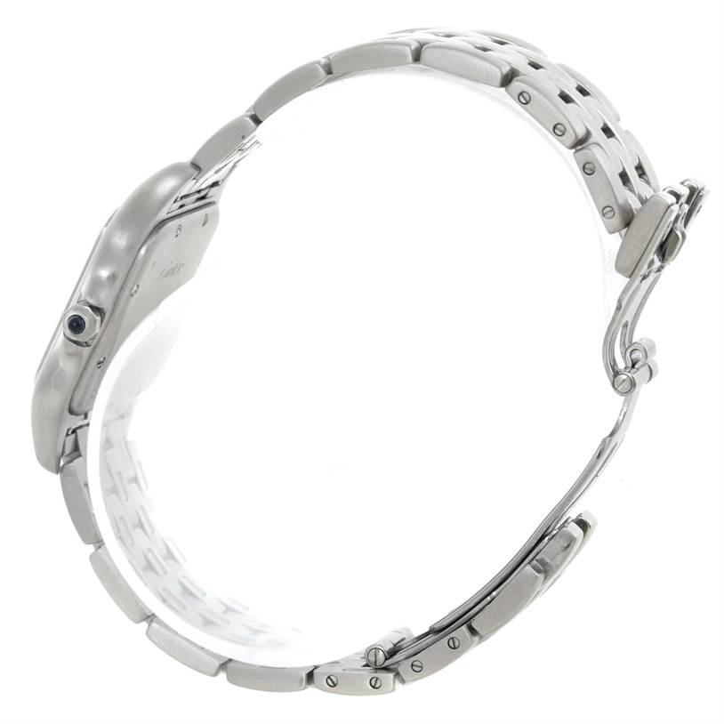 This image shows a side view of the band, clasp, and case of a Cartier Panthere W25054P5 Men
s Stainless Steel Silver Dial W25054P5 Men
s Stainless Steel Silver Dial watch.
