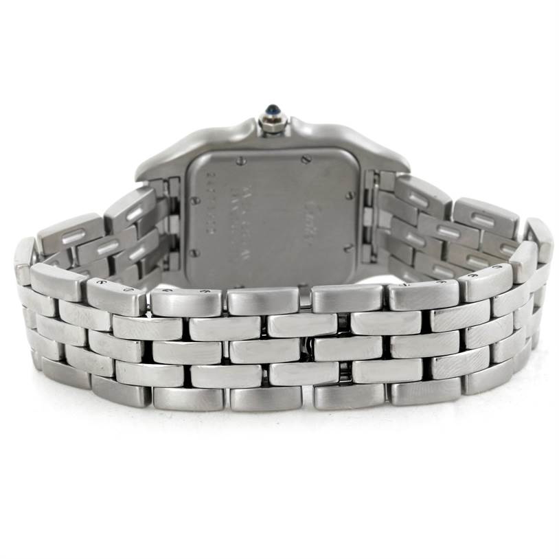 The image shows the back view of a Cartier Panthere W25054P5 Men
s Stainless Steel Silver Dial W25054P5 Men
s Stainless Steel Silver Dial watch, highlighting its metal bracelet and case back.