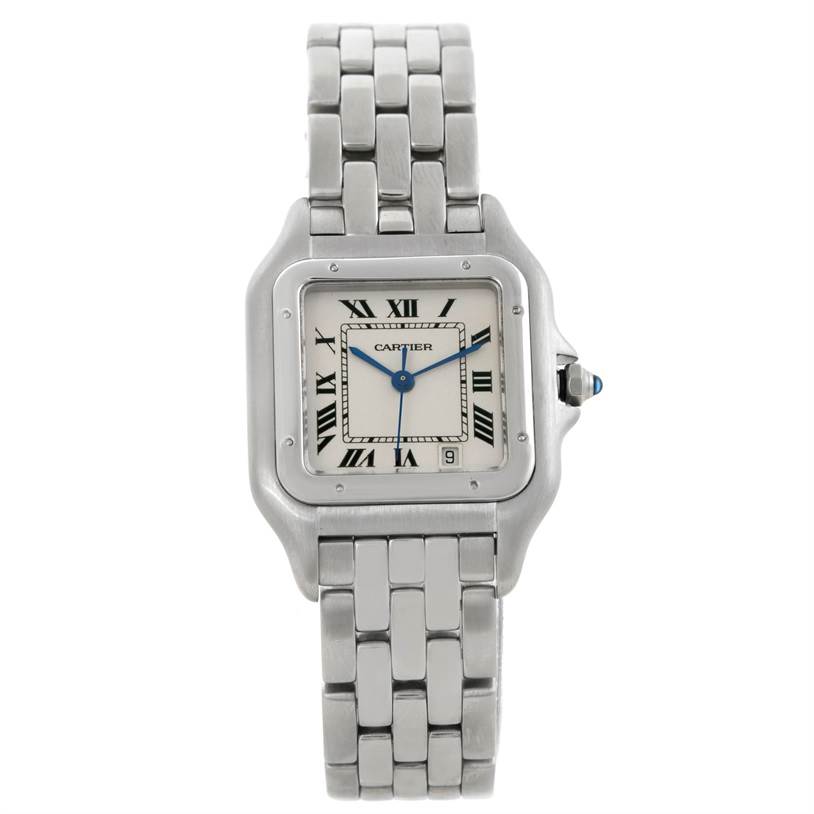 The image shows a front view of the Cartier Panthere W25054P5 Men
s Stainless Steel Silver Dial W25054P5 Men
s Stainless Steel Silver Dial model watch, showcasing its face, bracelet, and crown.