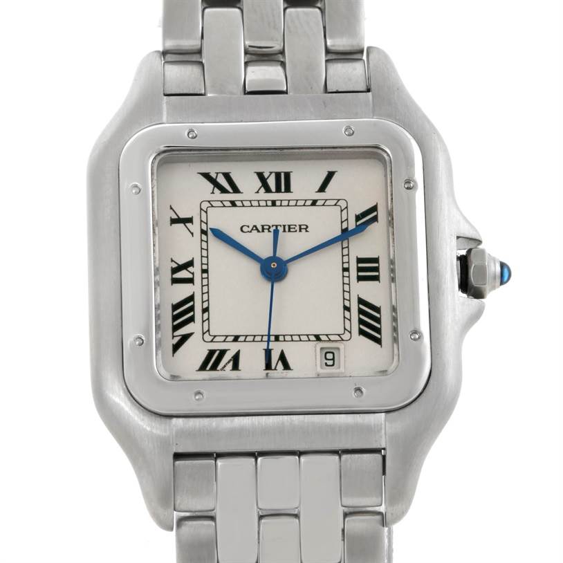 The image shows the front view of a Cartier Panthere W25054P5 Men
s Stainless Steel Silver Dial W25054P5 Men
s Stainless Steel Silver Dial watch, highlighting its face, bezel, bracelet, and crown.