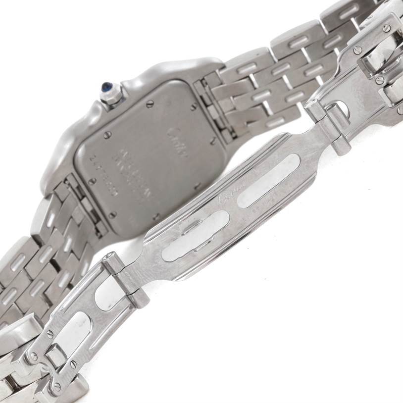 The image shows the back case and clasp of the Cartier Panthere W25054P5 Men
s Stainless Steel Silver Dial W25054P5 Men
s Stainless Steel Silver Dial watch, showcasing its bracelet and deployment buckle.