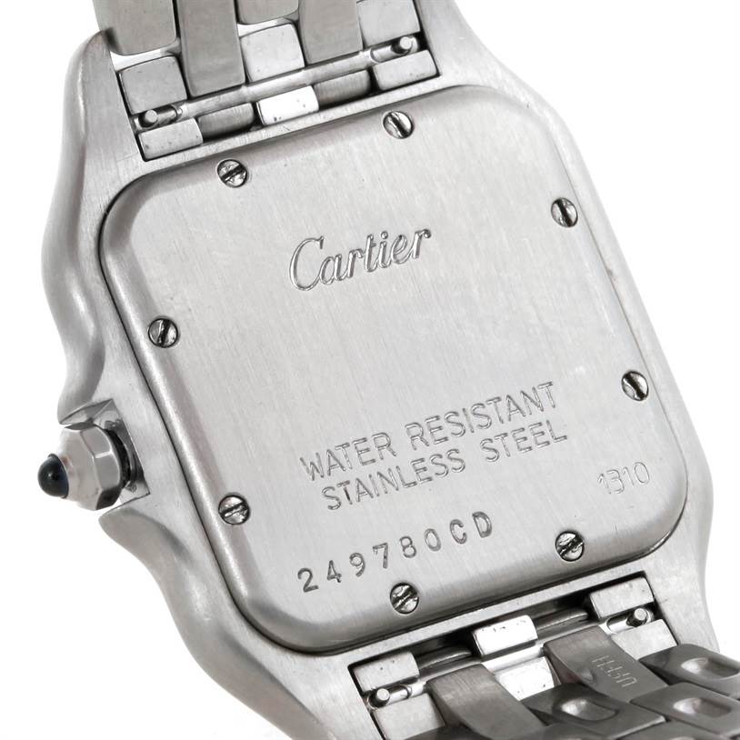 The image shows the back case and part of the bracelet of the Cartier Panthere W25054P5 Men
s Stainless Steel Silver Dial W25054P5 Men
s Stainless Steel Silver Dial watch at an angle.