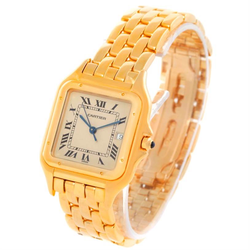 The image shows a Cartier Panthere W25014B9 Men's Yellow Gold Beige Dial W25014B9 Men's Yellow Gold Beige Dial model watch angled from the front and side, displaying the face, dial, and gold bracelet.