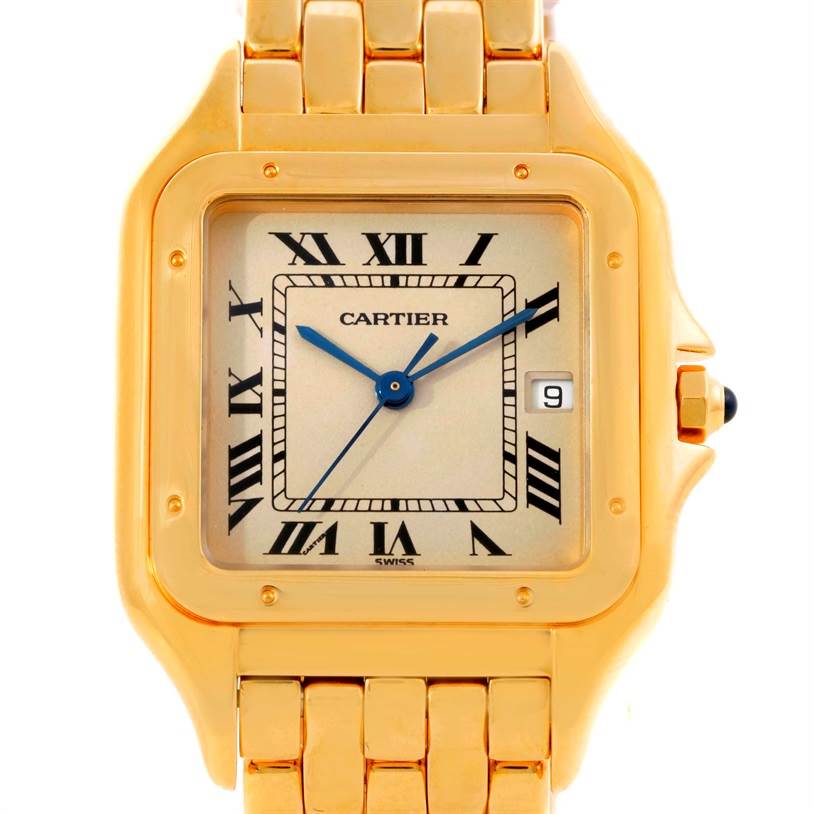The image shows a close-up of the dial, bezel, and part of the bracelet of a Cartier Panthere W25014B9 Men's Yellow Gold Beige Dial W25014B9 Men's Yellow Gold Beige Dial watch.