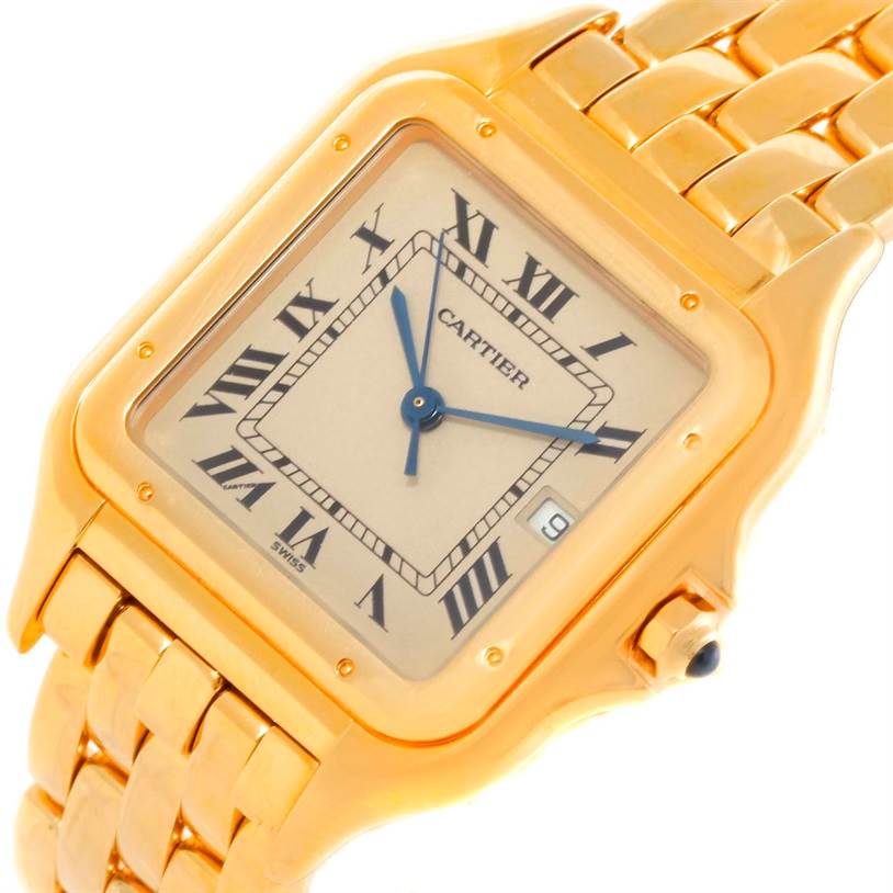 This image shows a close-up of the Cartier Panthere W25014B9 Men's Yellow Gold Beige Dial W25014B9 Men's Yellow Gold Beige Dial watch face, angled to feature the dial, date display, and part of the gold bracelet.