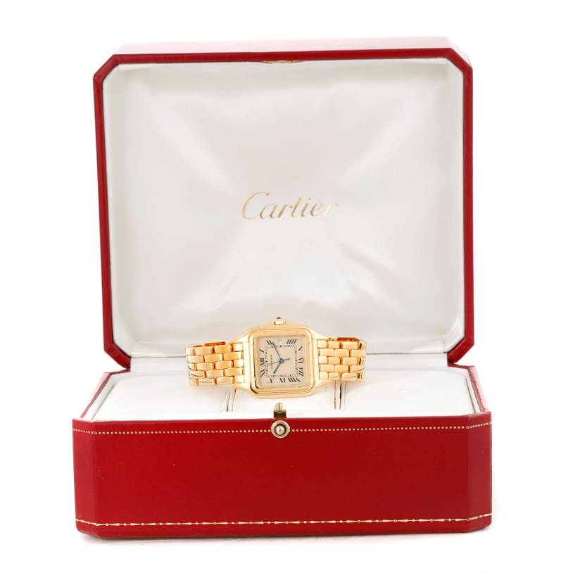 The Cartier Panthere W25014B9 Men's Yellow Gold Beige Dial W25014B9 Men's Yellow Gold Beige Dial watch is shown front-facing in an open red Cartier box.