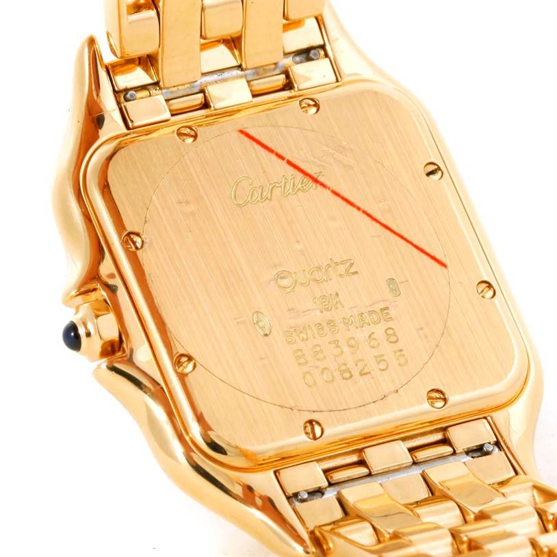 The image shows the back case of the Cartier Panthere W25014B9 Men's Yellow Gold Beige Dial W25014B9 Men's Yellow Gold Beige Dial watch, highlighting the case screws and part of the bracelet.