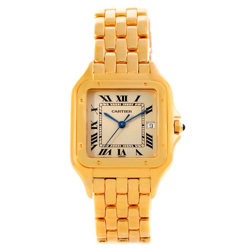 This image shows a front view of the Cartier Panthere W25014B9 Men's Yellow Gold Beige Dial W25014B9 Men's Yellow Gold Beige Dial watch featuring its face, bezel, crown, and bracelet.