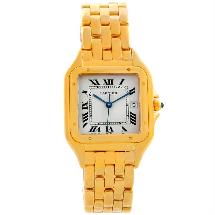 This image shows a Cartier Panthere W25014B9 Men's Yellow Gold Silver Dial W25014B9 Men's Yellow Gold Silver Dial watch from a top view, displaying its face, dial, bezel, and gold bracelet.
