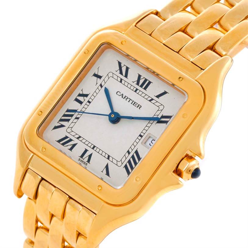 This is a close-up view of a Cartier Panthere W25014B9 Men's Yellow Gold Silver Dial W25014B9 Men's Yellow Gold Silver Dial watch showing the face, bezel, bracelet, and crown.