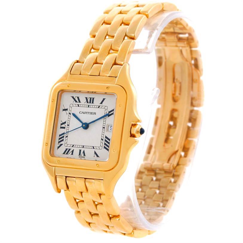 The Cartier Panthere W25014B9 Men's Yellow Gold Silver Dial W25014B9 Men's Yellow Gold Silver Dial watch is shown at a slight angle highlighting its gold band, square face with Roman numerals, and blue hands.