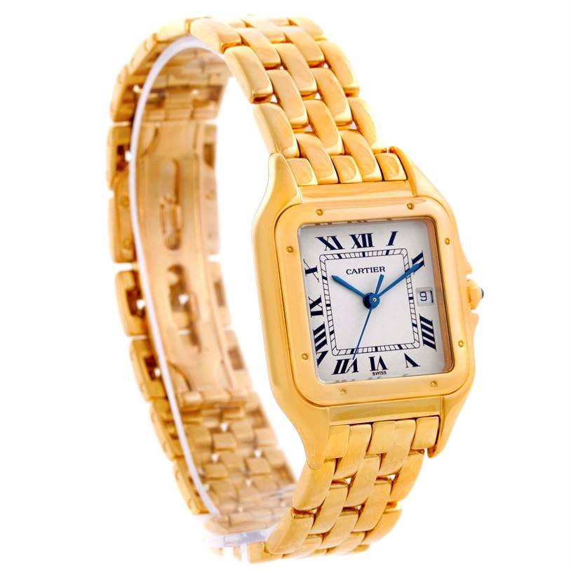 This image shows a Panthere model by Cartier at an angle highlighting the watch face, bezel, and gold bracelet.
