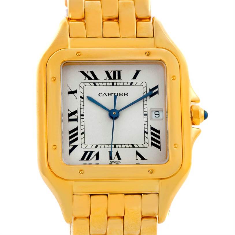 The image shows a close-up of the front of a Cartier Panthere W25014B9 Men's Yellow Gold Silver Dial W25014B9 Men's Yellow Gold Silver Dial watch, highlighting its face, case, and part of the bracelet.