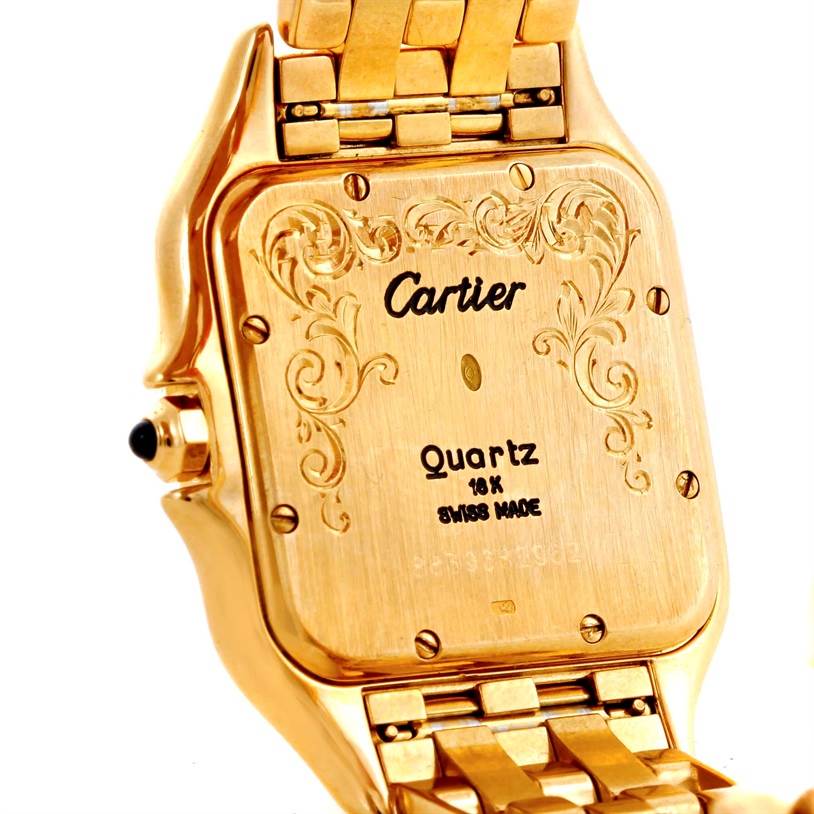 The photo shows the back case and bracelet of a gold Cartier Panthere W25014B9 Men's Yellow Gold Silver Dial W25014B9 Men's Yellow Gold Silver Dial Quartz watch.