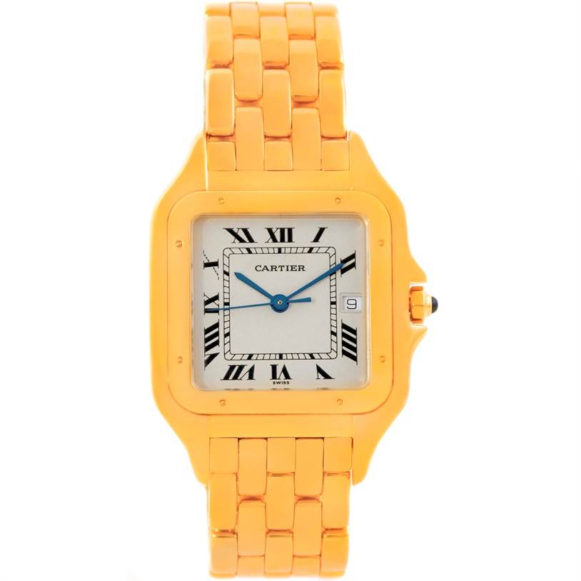 This image shows a front view of the Cartier Panthere W25014B9 Men's Yellow Gold Silver Dial W25014B9 Men's Yellow Gold Silver Dial watch, highlighting its gold case, bracelet, and dial with Roman numerals.