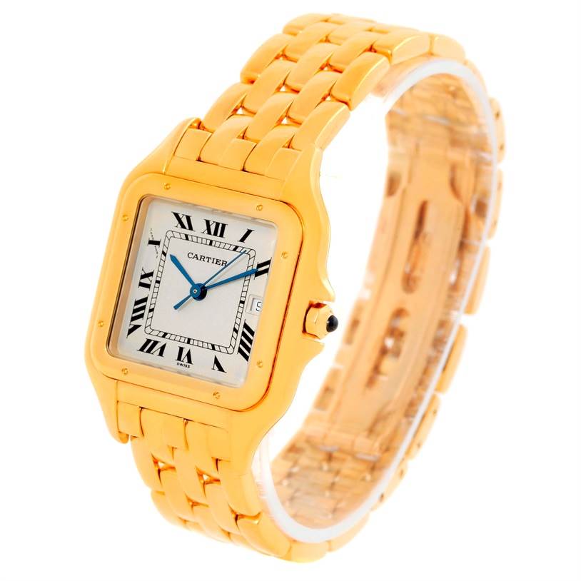 The image shows a Cartier Panthere W25014B9 Men's Yellow Gold Silver Dial W25014B9 Men's Yellow Gold Silver Dial watch angled to display its square face, Roman numeral dial, gold bracelet, and side crown.
