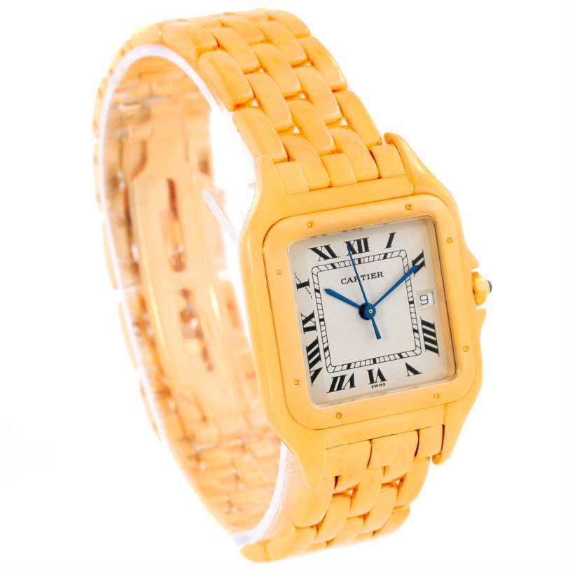 The image shows a Cartier Panthere W25014B9 Men's Yellow Gold Silver Dial W25014B9 Men's Yellow Gold Silver Dial watch at a three-quarter angle, highlighting its bracelet, case, and dial.