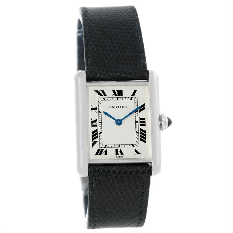 The image shows a front view of the Cartier Tank Classic Men's White Gold Beige Dial Men's White Gold Beige Dial watch, displaying its face, bezel, crown, and strap.