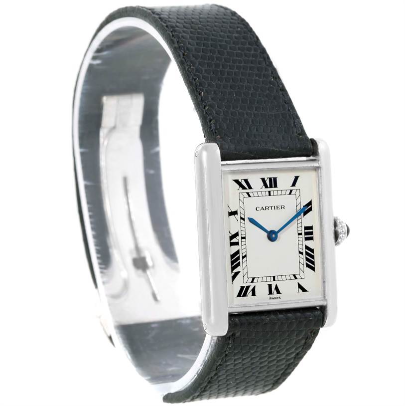 This image shows a Cartier Tank Classic Men's White Gold Beige Dial Men's White Gold Beige Dial watch from a front angle, highlighting the face, strap, and crown.