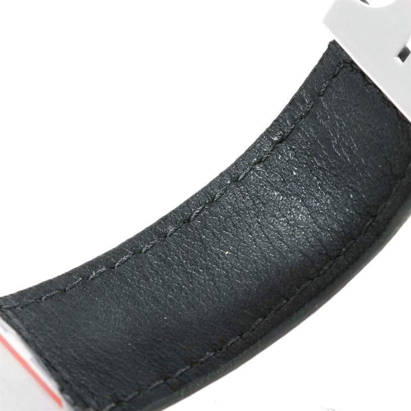 The image shows a close-up of a black leather strap for the Cartier Tank Classic Men's White Gold Beige Dial Men's White Gold Beige Dial watch.