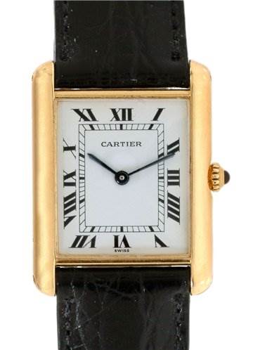 The image shows a front view of the Cartier Tank Classic Men
s Steel and Gold (two tone) White Dial Men
s Steel and Gold (two tone) White Dial model, highlighting its face, Roman numerals, and black leather strap.