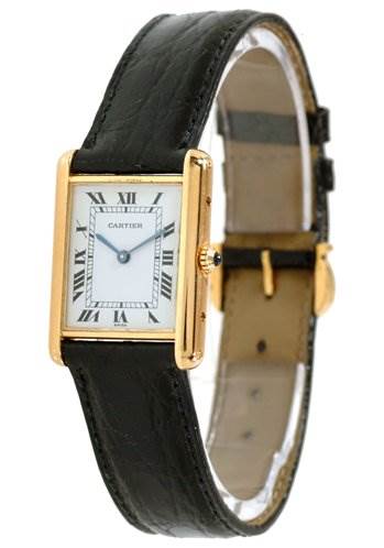 The Cartier Tank Classic Men
s Steel and Gold (two tone) White Dial Men
s Steel and Gold (two tone) White Dial watch is shown at an oblique angle, featuring its rectangular face, black leather strap, and gold case.
