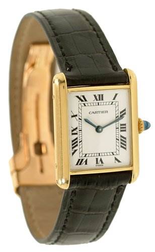The image shows a Cartier Tank Classic Yellow Gold White Dial Yellow Gold White Dial watch from an angled front view, highlighting the face, strap, and clasp.