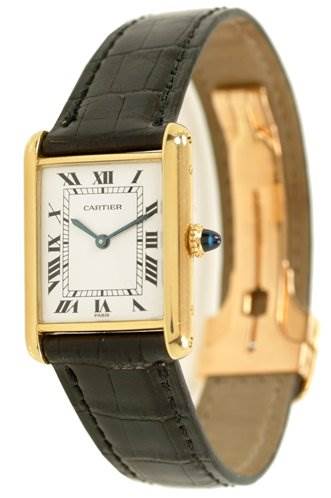 This image shows a Cartier Tank Classic Yellow Gold White Dial Yellow Gold White Dial watch, featuring its face, gold case, black leather strap, and metal clasp, from a slightly angled perspective.