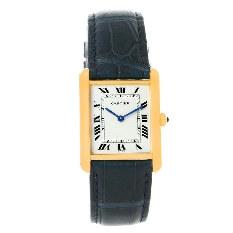 The image shows a front view of a Cartier Tank Classic Men's Yellow Gold White Dial Men's Yellow Gold White Dial watch, highlighting the face, case, and strap.