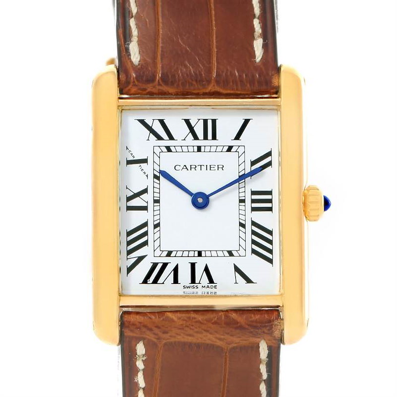 The image shows a front view of the Cartier Tank Classic watch, displaying the dial, case, and part of the leather strap.