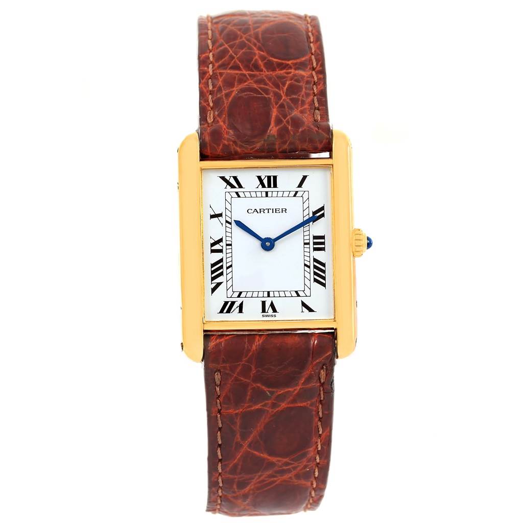 The image shows a frontal view of a Cartier Tank Classic Yellow Gold White Dial Yellow Gold White Dial watch with a gold case and brown leather strap.