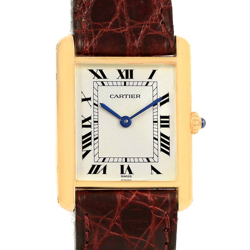 Cartier Tank Classic 18K Yellow Gold Burgundy Strap Unisex Watch 1140 SwissWatchExpo