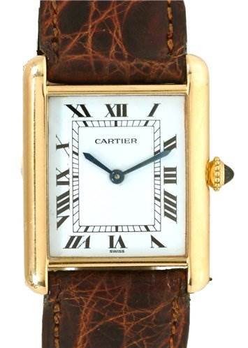 This image shows a Cartier Tank Classic Men's Yellow Gold White Dial Men's Yellow Gold White Dial watch face, including its roman numerals, hands, and part of the brown leather strap.